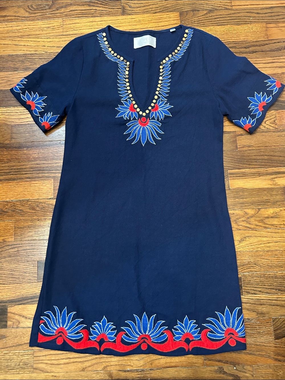 Piper Navy Dress with Blue and Red Embroidery